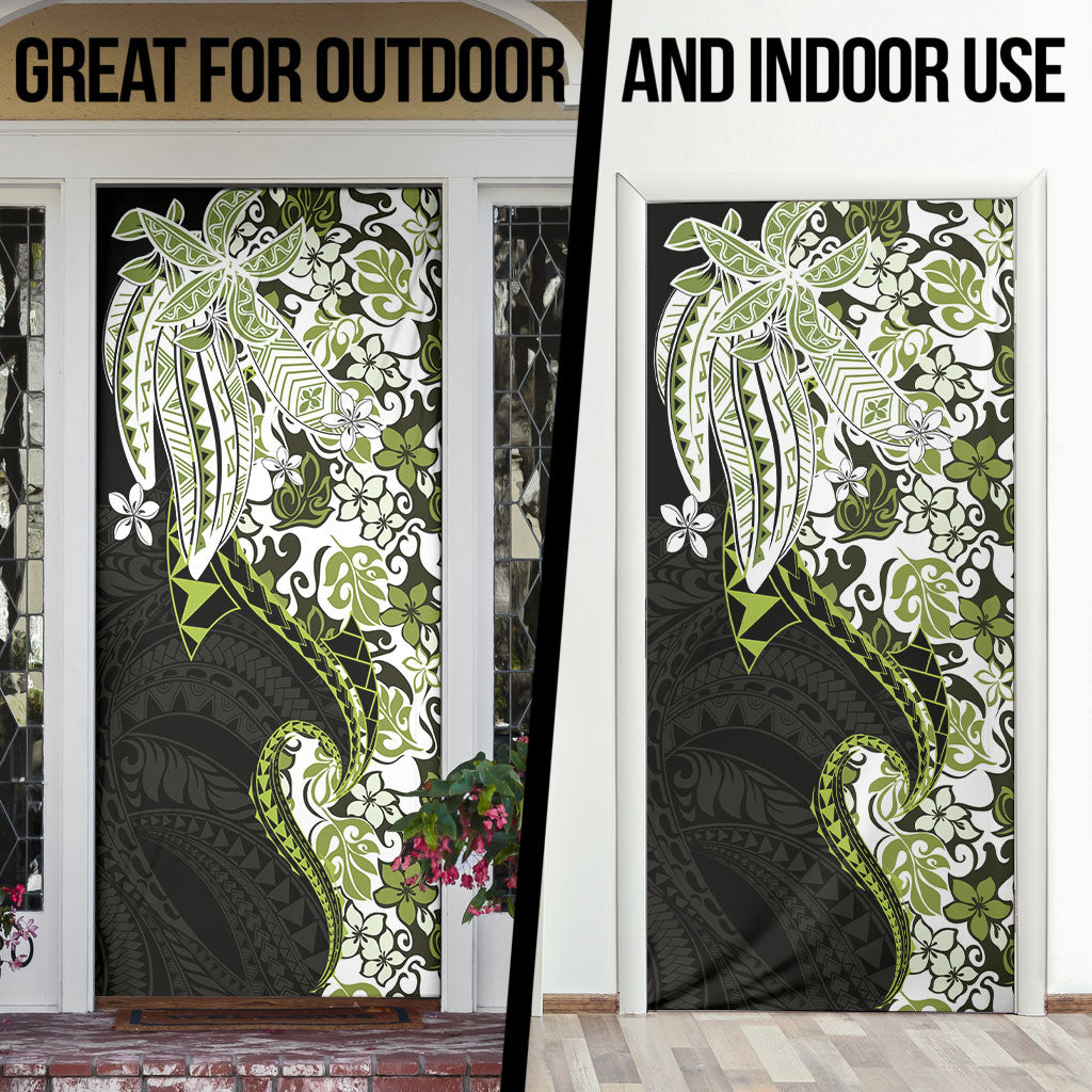 Monstera Plumeria Flowers Olive Green Door Cover Polynesian Pattern