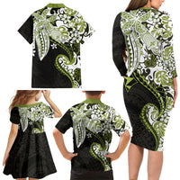 Monstera Plumeria Flowers Olive Green Family Matching Long Sleeve Bodycon Dress and Hawaiian Shirt Polynesian Pattern LT01 - Polynesian Pride