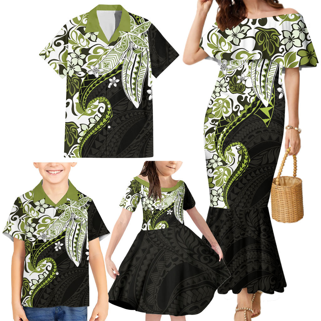Monstera Plumeria Flowers Olive Green Family Matching Mermaid Dress and Hawaiian Shirt Polynesian Pattern