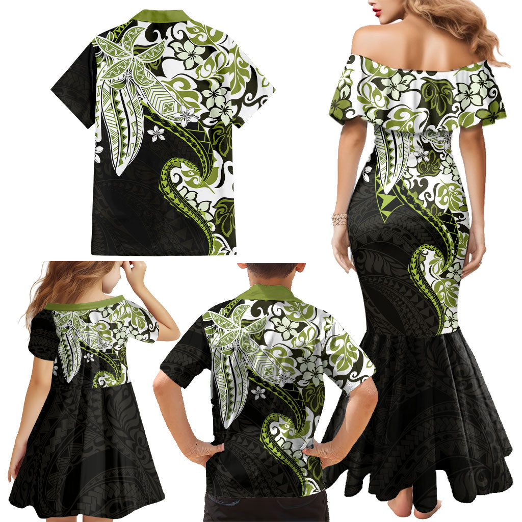 Monstera Plumeria Flowers Olive Green Family Matching Mermaid Dress and Hawaiian Shirt Polynesian Pattern LT01 - Polynesian Pride
