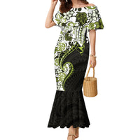 Monstera Plumeria Flowers Olive Green Family Matching Mermaid Dress and Hawaiian Shirt Polynesian Pattern LT01 Mom's Dress Green - Polynesian Pride