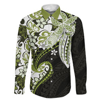Monstera Plumeria Flowers Olive Green Family Matching Off The Shoulder Long Sleeve Dress and Hawaiian Shirt Polynesian Pattern LT01 Dad's Shirt - Long Sleeve Green - Polynesian Pride