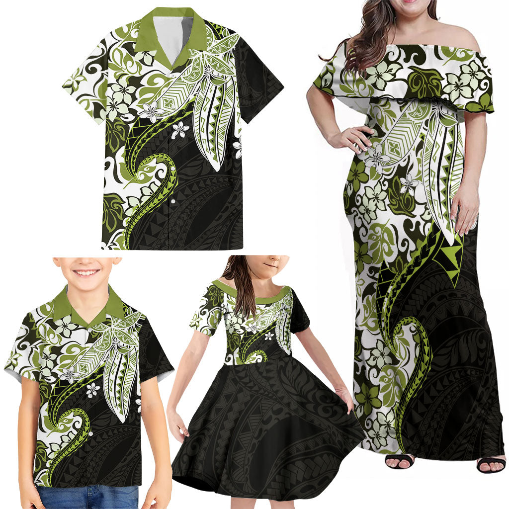 Monstera Plumeria Flowers Olive Green Family Matching Off Shoulder Maxi Dress and Hawaiian Shirt Polynesian Pattern