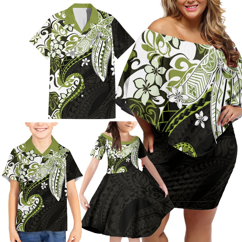 Monstera Plumeria Flowers Olive Green Family Matching Off Shoulder Short Dress and Hawaiian Shirt Polynesian Pattern
