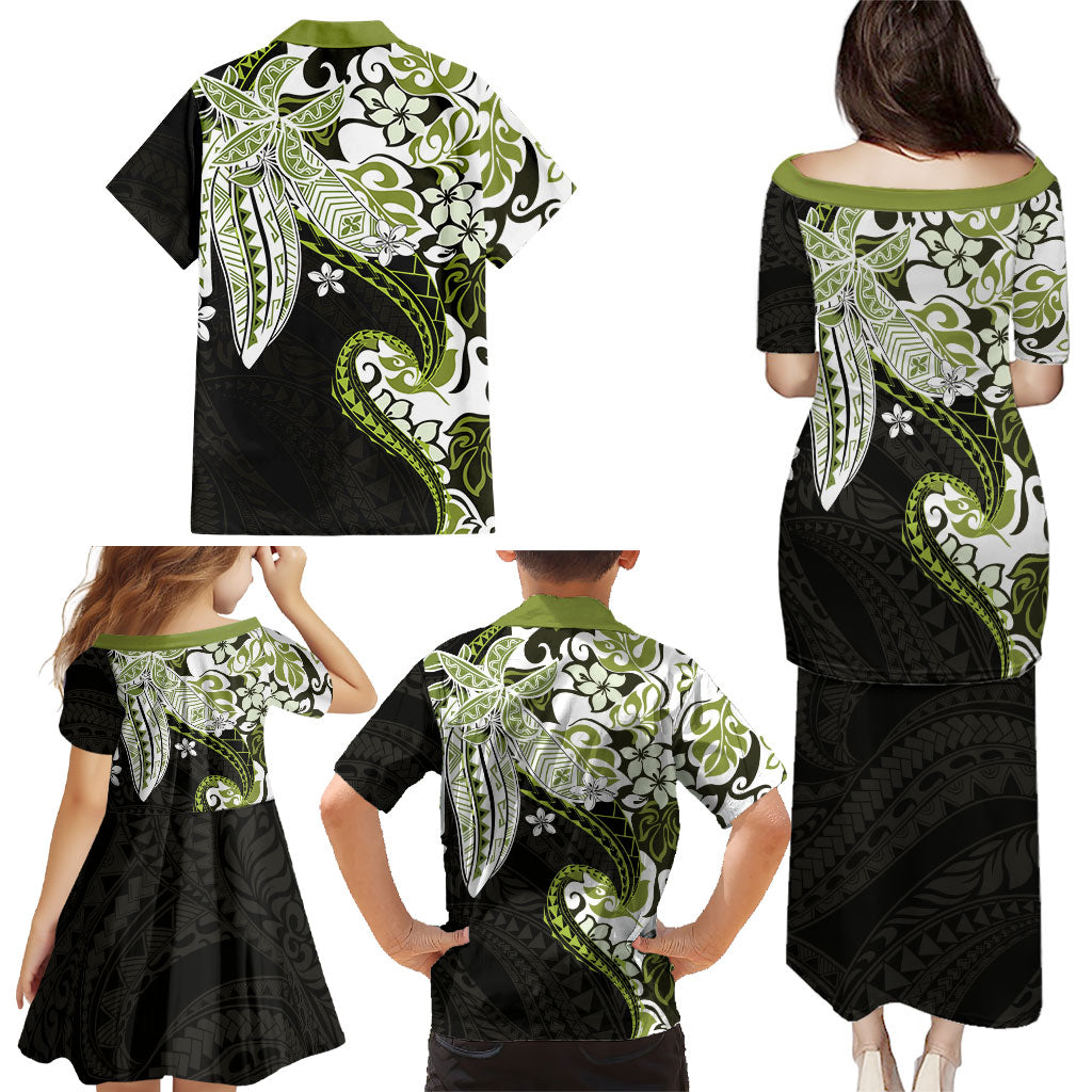 Monstera Plumeria Flowers Olive Green Family Matching Puletasi and Hawaiian Shirt Polynesian Pattern