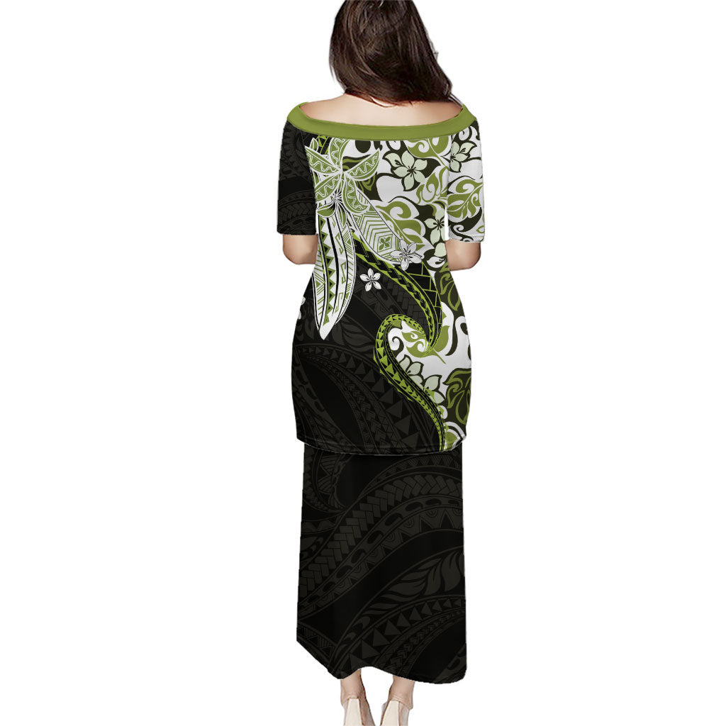 Monstera Plumeria Flowers Olive Green Family Matching Puletasi and Hawaiian Shirt Polynesian Pattern