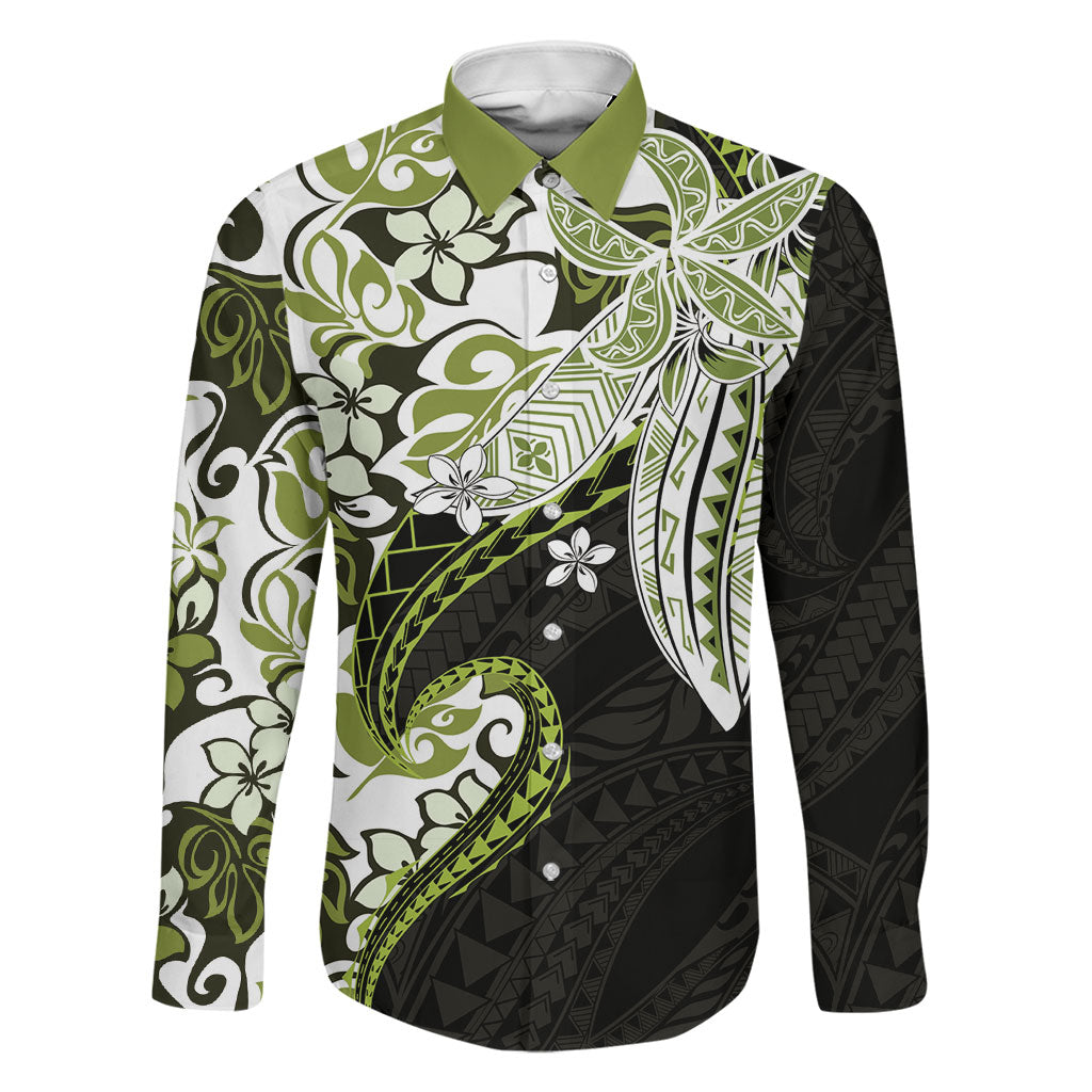 Monstera Plumeria Flowers Olive Green Family Matching Short Sleeve Bodycon Dress and Hawaiian Shirt Polynesian Pattern LT01 Dad's Shirt - Long Sleeve Green - Polynesian Pride