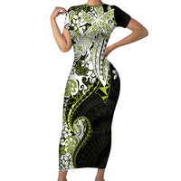 Monstera Plumeria Flowers Olive Green Family Matching Short Sleeve Bodycon Dress and Hawaiian Shirt Polynesian Pattern LT01 Mom's Dress Green - Polynesian Pride