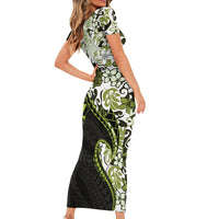 Monstera Plumeria Flowers Olive Green Family Matching Short Sleeve Bodycon Dress and Hawaiian Shirt Polynesian Pattern LT01 - Polynesian Pride