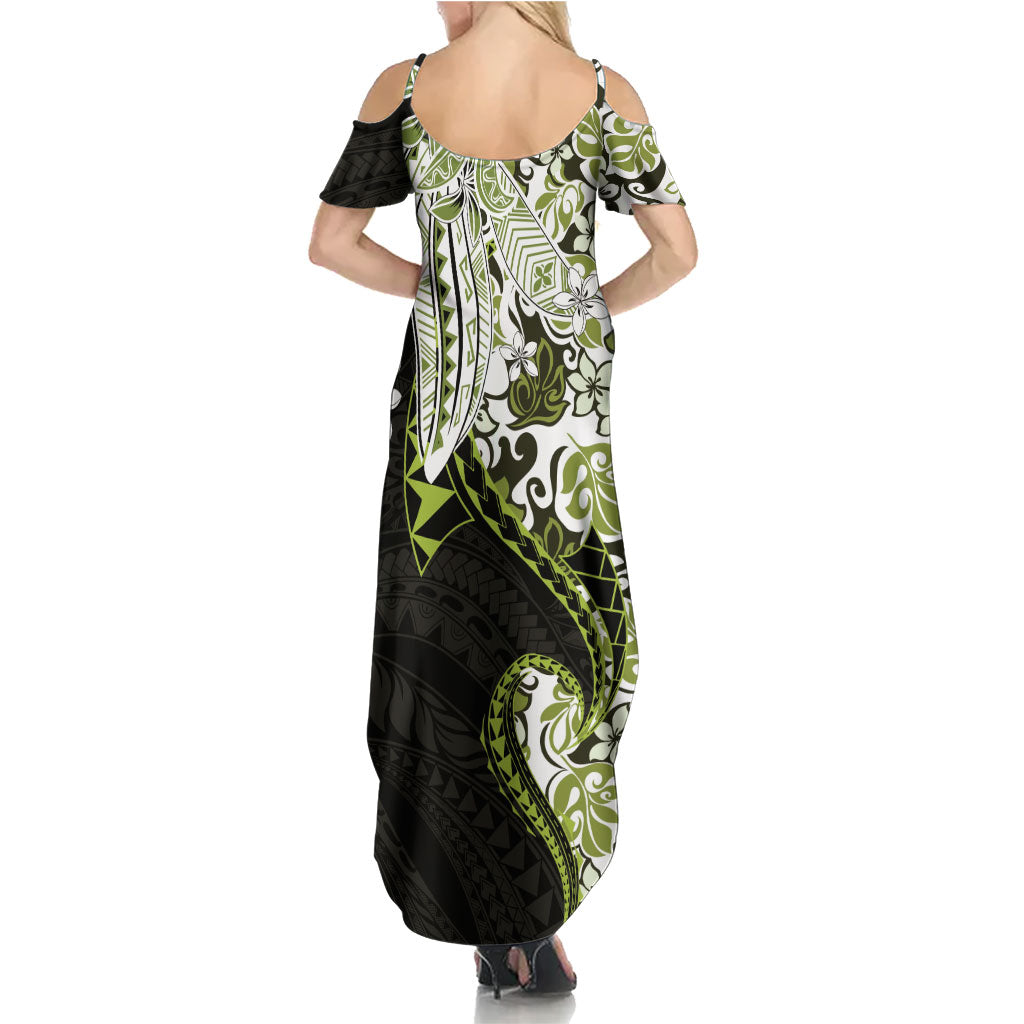 Monstera Plumeria Flowers Olive Green Family Matching Summer Maxi Dress and Hawaiian Shirt Polynesian Pattern