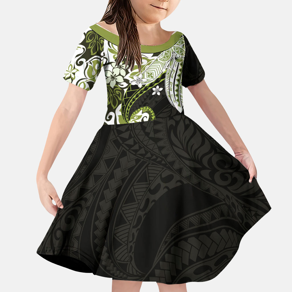 Monstera Plumeria Flowers Olive Green Family Matching Tank Maxi Dress and Hawaiian Shirt Polynesian Pattern LT01 Daughter's Dress Green - Polynesian Pride