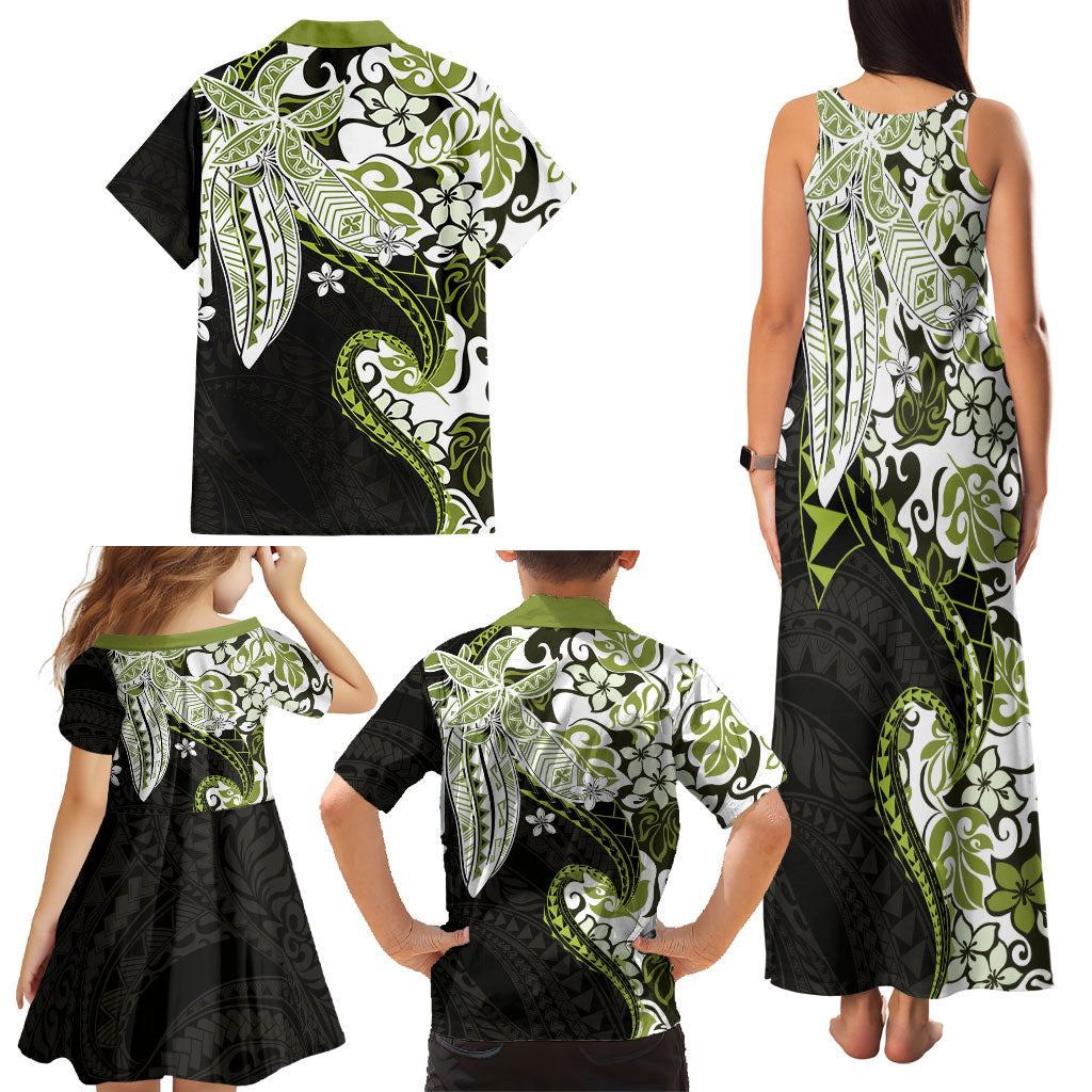 Monstera Plumeria Flowers Olive Green Family Matching Tank Maxi Dress and Hawaiian Shirt Polynesian Pattern LT01 - Polynesian Pride