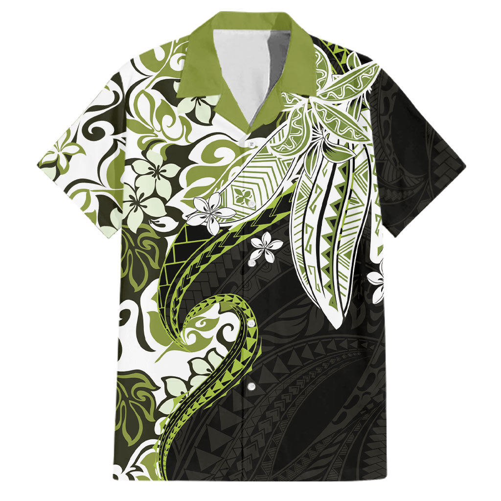Monstera Plumeria Flowers Olive Green Family Matching Tank Maxi Dress and Hawaiian Shirt Polynesian Pattern LT01 Dad's Shirt - Short Sleeve Green - Polynesian Pride