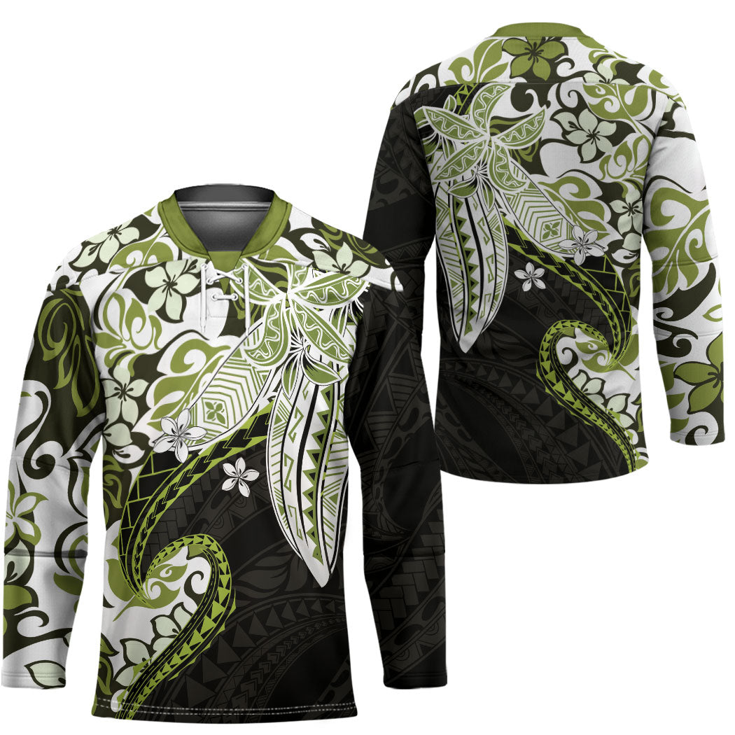 Monstera Plumeria Flowers Olive Green Hockey Jersey Polynesian Pattern