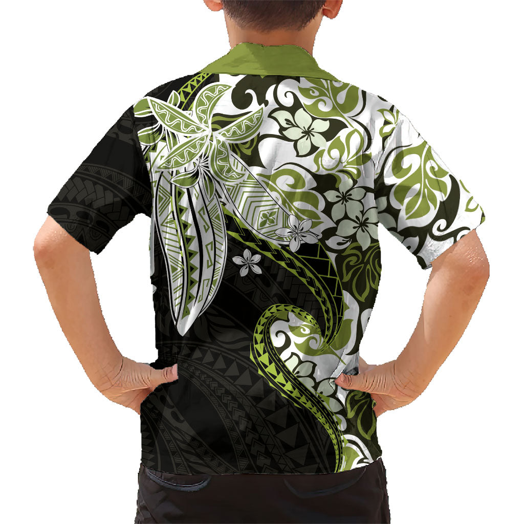 Monstera Plumeria Flowers Olive Green Kid Hawaiian Shirt Polynesian Pattern