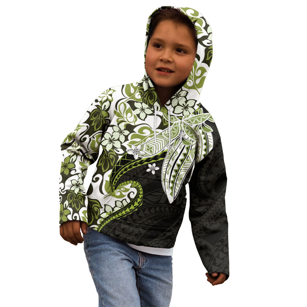 Monstera Plumeria Flowers Olive Green Kid Hoodie Polynesian Pattern