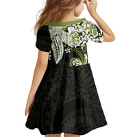 Monstera Plumeria Flowers Olive Green Kid Short Sleeve Dress Polynesian Pattern