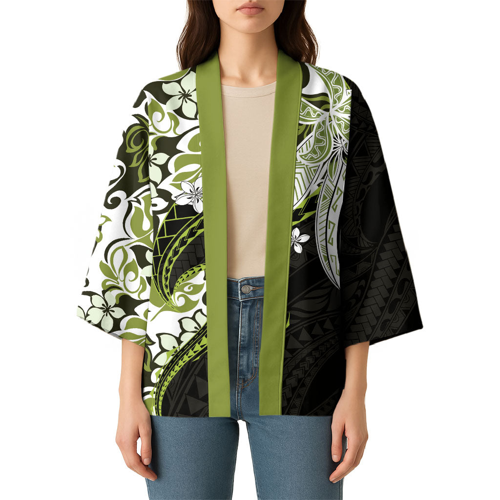 Monstera Plumeria Flowers Olive Green Kimono Polynesian Pattern