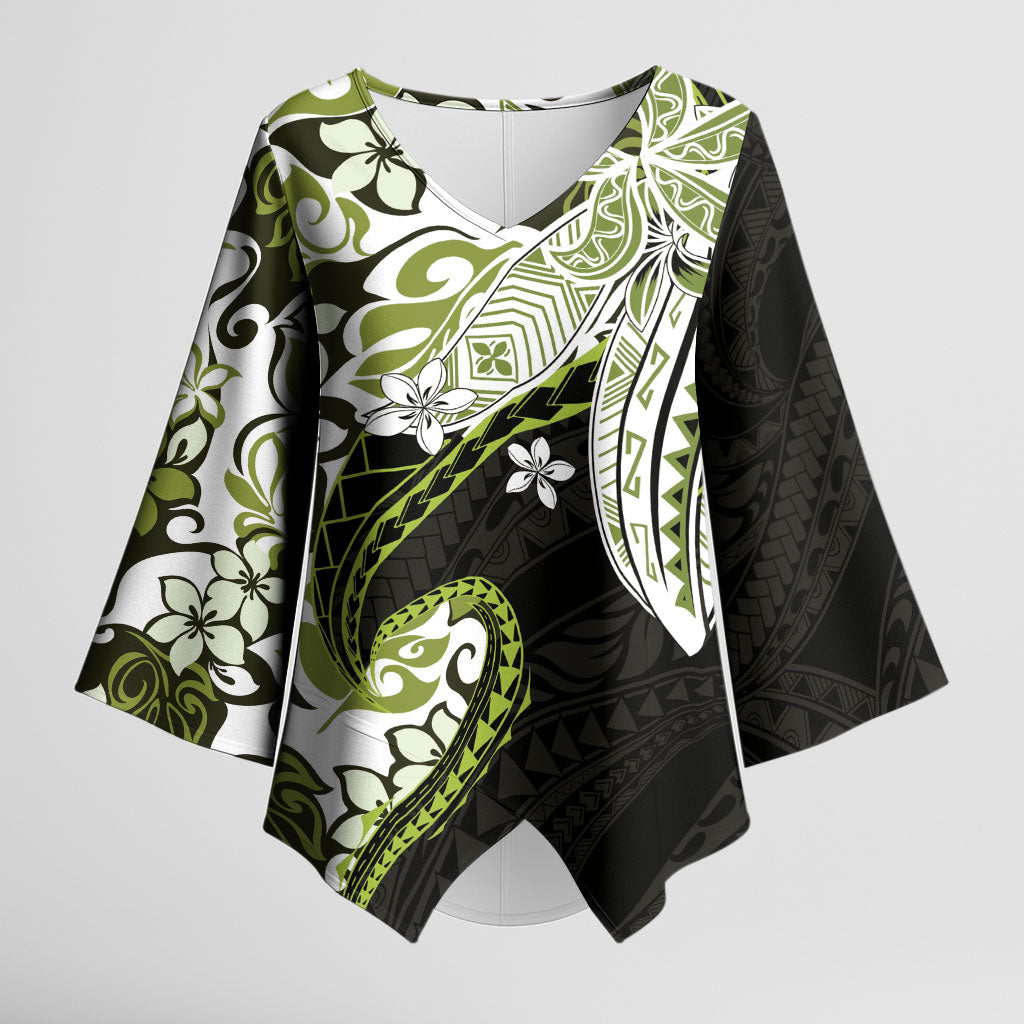 Monstera Plumeria Flowers Olive Green Kimono Sleeve Blouse Polynesian Pattern