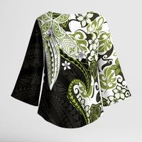 Monstera Plumeria Flowers Olive Green Kimono Sleeve Blouse Polynesian Pattern