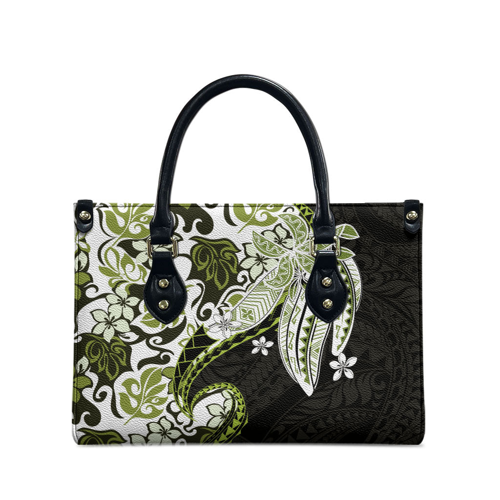 Monstera Plumeria Flowers Olive Green Leather Bag Polynesian Pattern