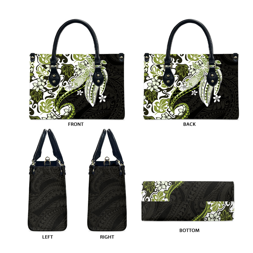 Monstera Plumeria Flowers Olive Green Leather Bag Polynesian Pattern
