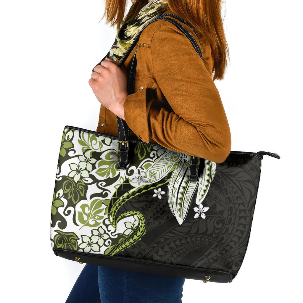 Monstera Plumeria Flowers Olive Green Leather Tote Bag Polynesian Pattern