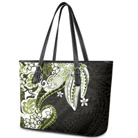Monstera Plumeria Flowers Olive Green Leather Tote Bag Polynesian Pattern