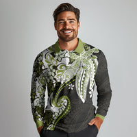 Monstera Plumeria Flowers Olive Green Long Sleeve Polo Shirt Polynesian Pattern