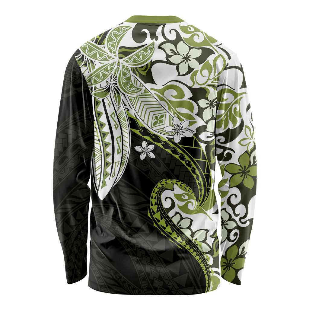 Monstera Plumeria Flowers Olive Green Long Sleeve Shirt Polynesian Pattern