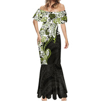 Monstera Plumeria Flowers Olive Green Mermaid Dress Polynesian Pattern