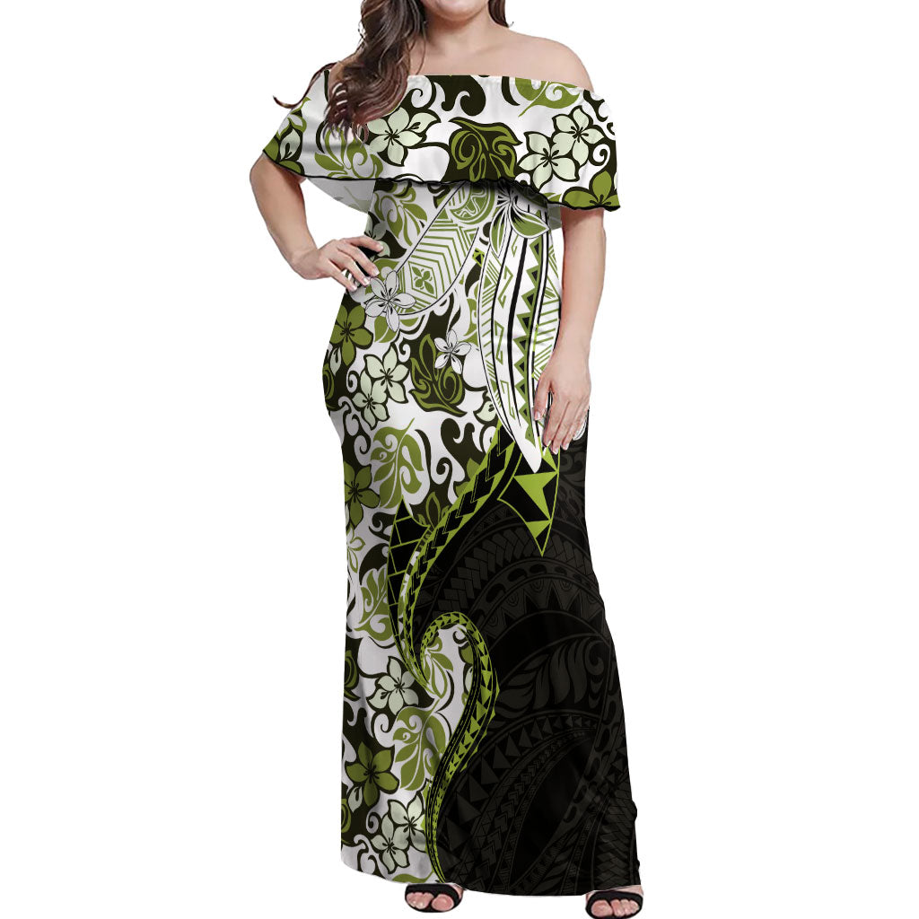 Monstera Plumeria Flowers Olive Green Off Shoulder Maxi Dress Polynesian Pattern