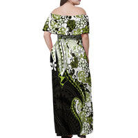 Monstera Plumeria Flowers Olive Green Off Shoulder Maxi Dress Polynesian Pattern