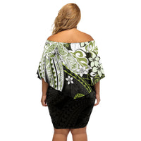 Monstera Plumeria Flowers Olive Green Off Shoulder Short Dress Polynesian Pattern