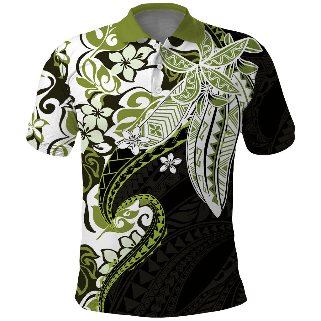 Monstera Plumeria Flowers Olive Green Polo Shirt Polynesian Pattern