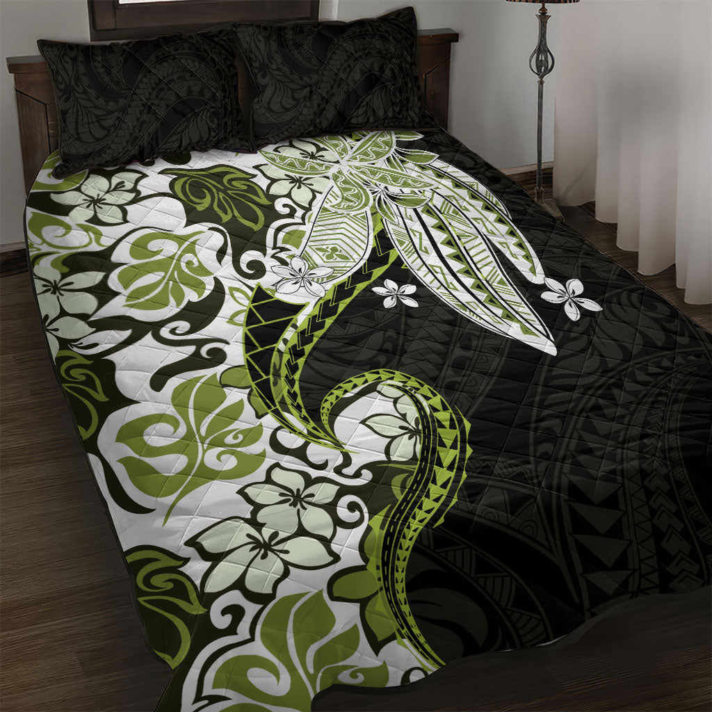 Monstera Plumeria Flowers Olive Green Quilt Bed Set Polynesian Pattern