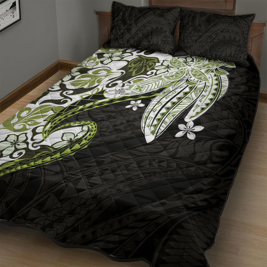 Monstera Plumeria Flowers Olive Green Quilt Bed Set Polynesian Pattern