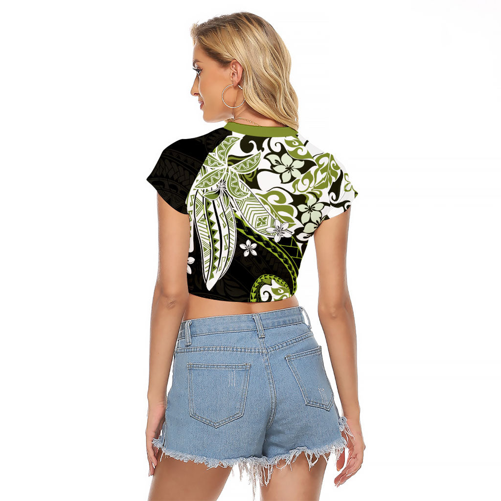 Monstera Plumeria Flowers Olive Green Raglan Cropped T Shirt Polynesian Pattern