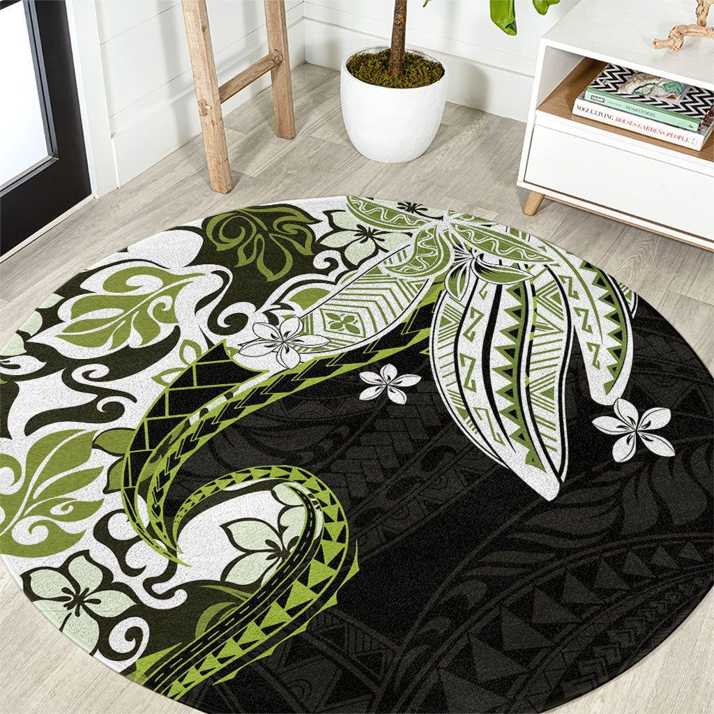 Monstera Plumeria Flowers Olive Green Round Carpet Polynesian Pattern