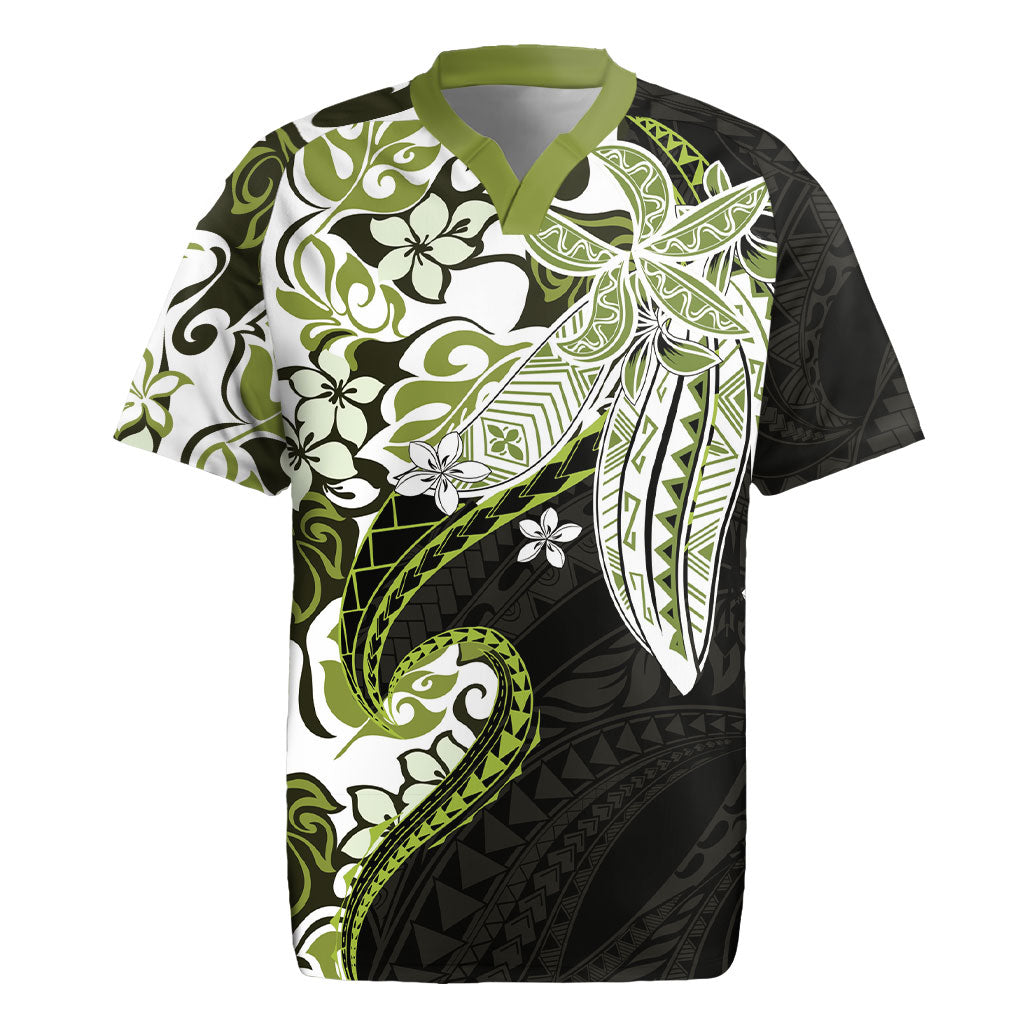 Monstera Plumeria Flowers Olive Green Rugby Jersey Polynesian Pattern