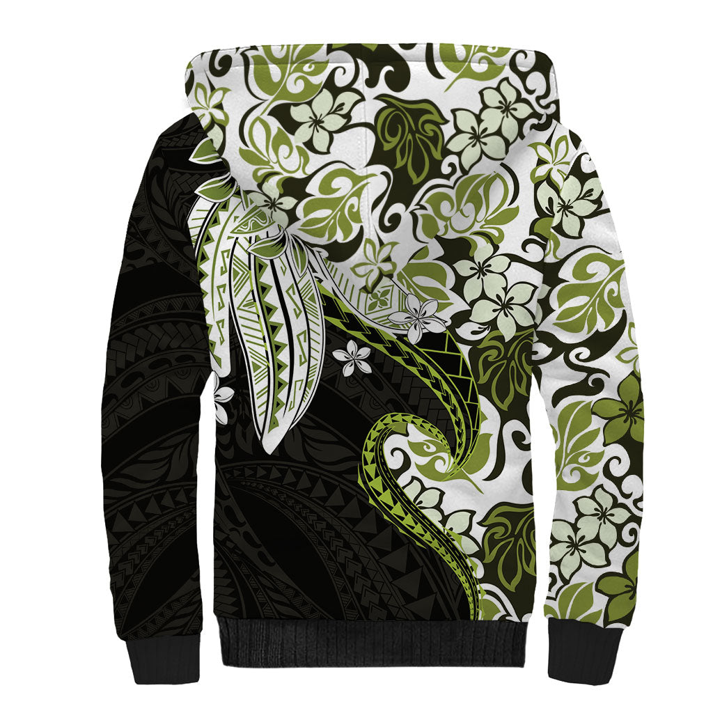 Monstera Plumeria Flowers Olive Green Sherpa Hoodie Polynesian Pattern