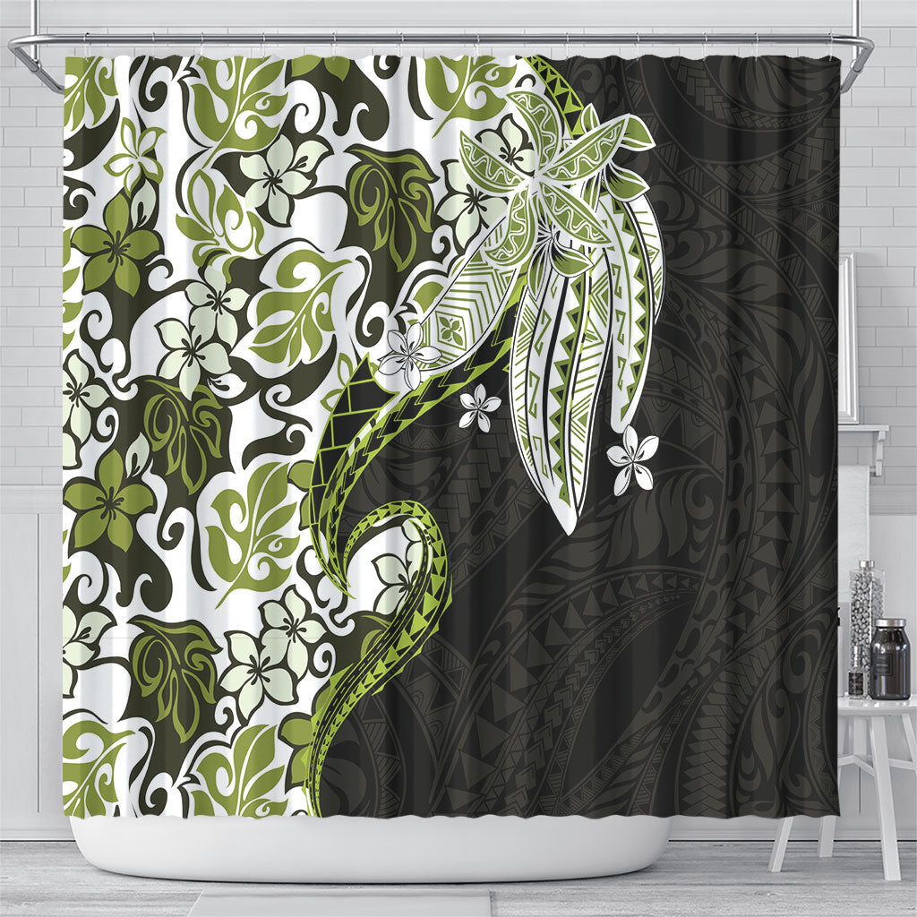 Monstera Plumeria Flowers Olive Green Shower Curtain Polynesian Pattern