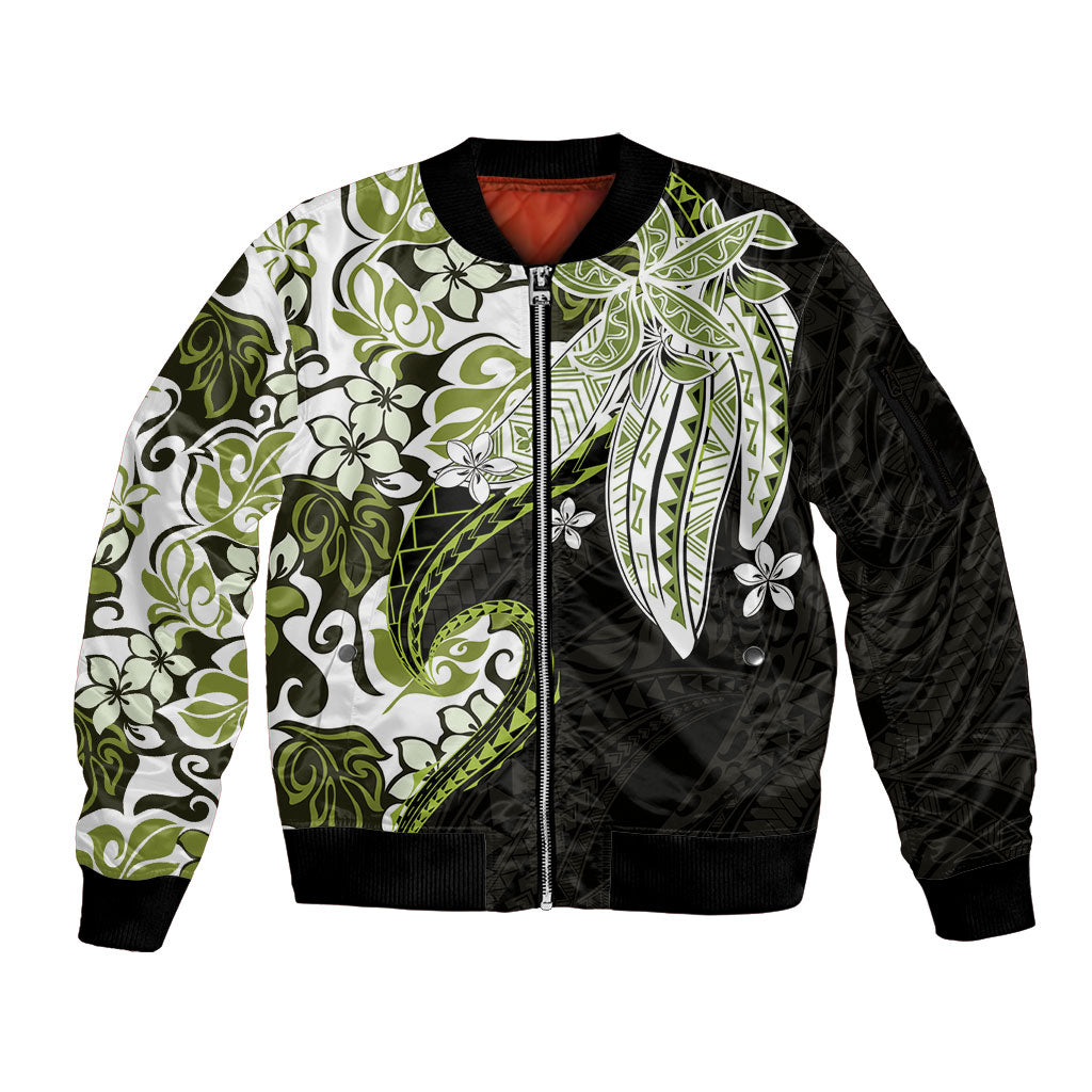 Monstera Plumeria Flowers Olive Green Sleeve Zip Bomber Jacket Polynesian Pattern
