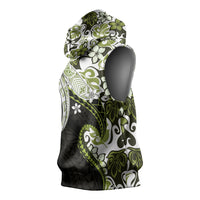 Monstera Plumeria Flowers Olive Green Sleeveless Hoodie Polynesian Pattern