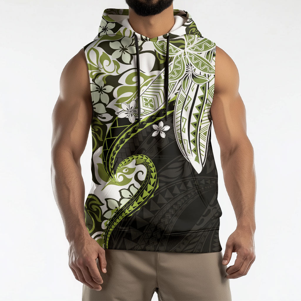 Monstera Plumeria Flowers Olive Green Sleeveless Hoodie Polynesian Pattern