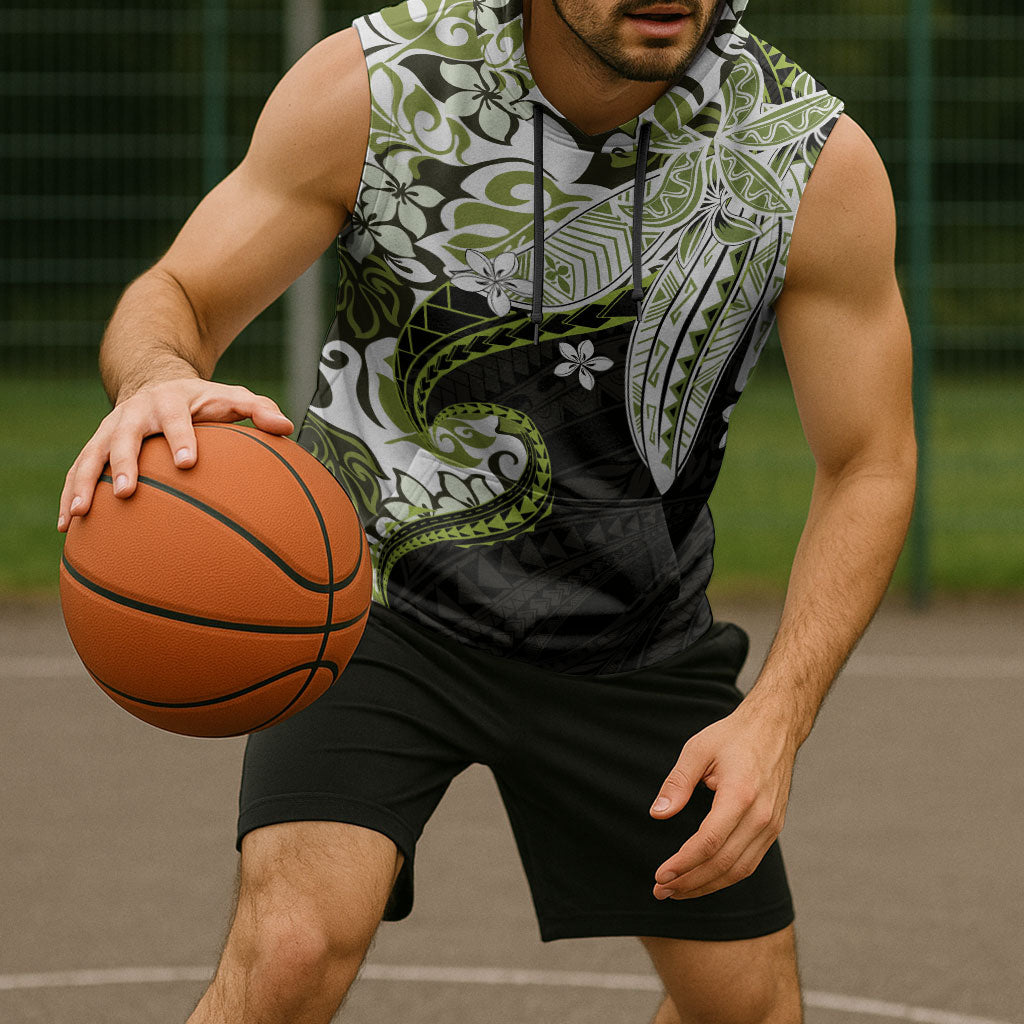 Monstera Plumeria Flowers Olive Green Sleeveless Hoodie Polynesian Pattern