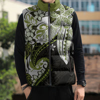 Monstera Plumeria Flowers Olive Green Sleeveless Puffer Jacket Polynesian Pattern