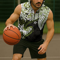 Monstera Plumeria Flowers Olive Green Sleeveless Zip Hoodie Polynesian Pattern