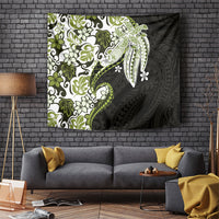 Monstera Plumeria Flowers Olive Green Tapestry Polynesian Pattern
