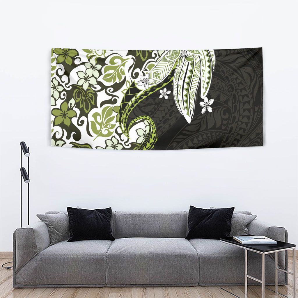 Monstera Plumeria Flowers Olive Green Tapestry Polynesian Pattern